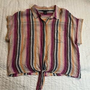 Chelsea & Theodore striped tie front linen blend top